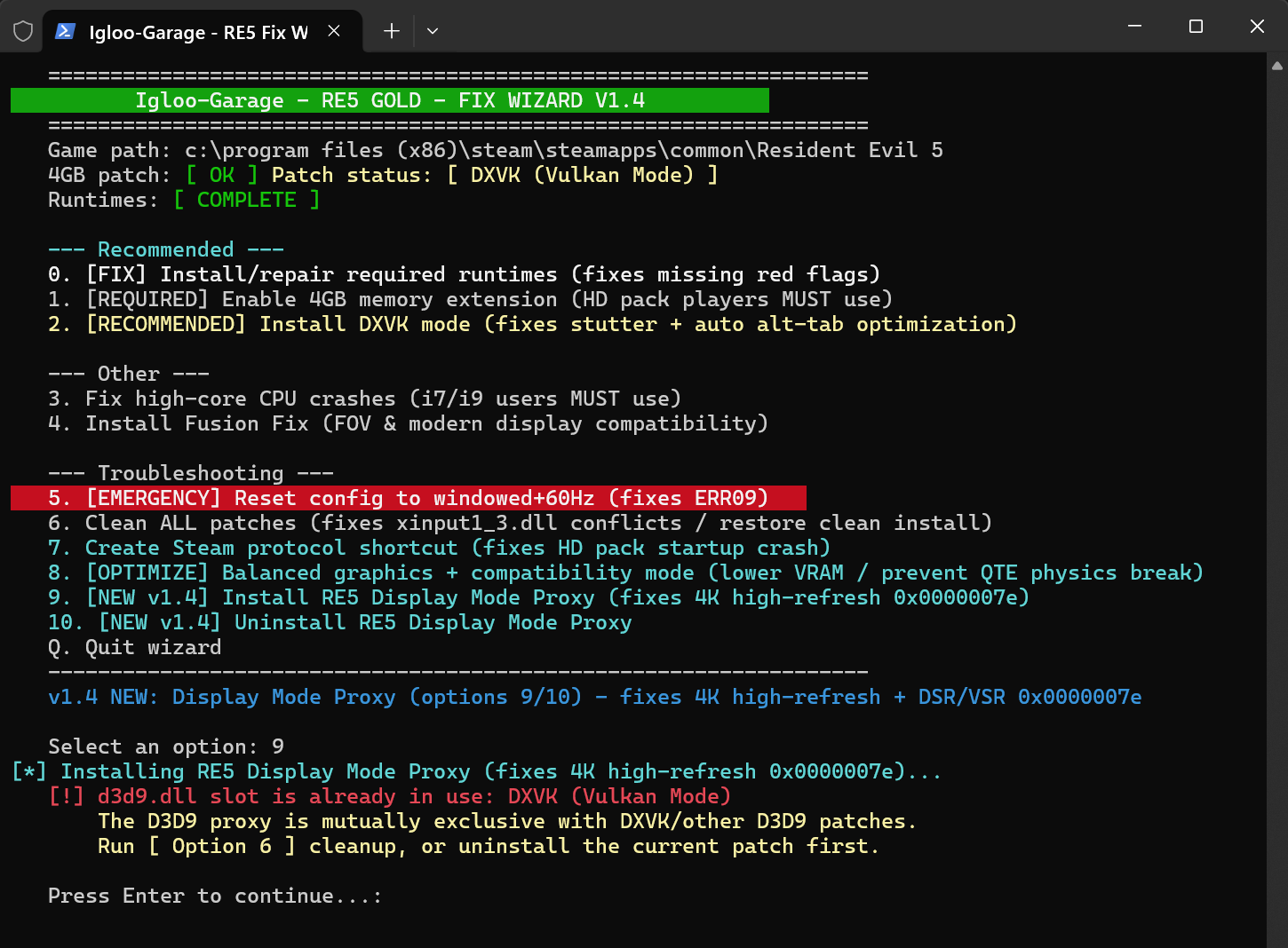 RE5 Fix Wizard — a PowerShell menu tool with options for the 4GB flag, high-core CPU fix, junk-file sweep, runtime checker and D3D9 proxy