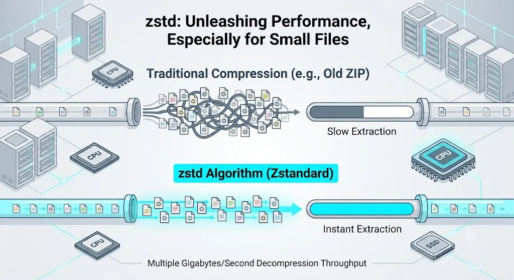 zstd vs ZIP decompression speed comparison: zstd maximizes SSD performance when extracting thousands of small files