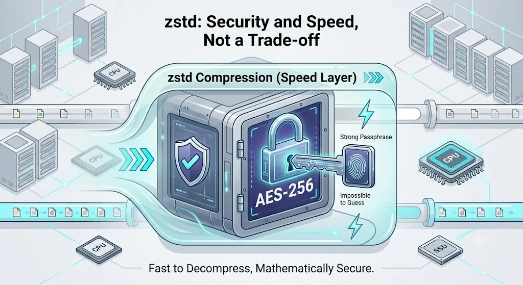 Speed and security coexist: zstd fast extraction layer plus AES-256 encryption core lock